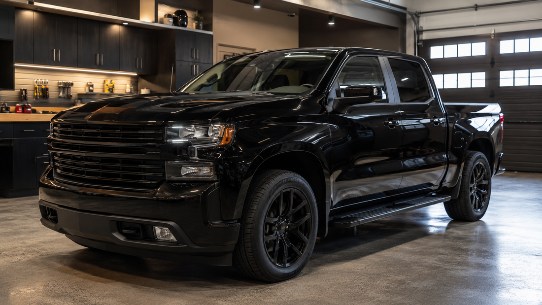 Chevy truck in garage ready for first-time performance upgrades including tuner and cold air intake
